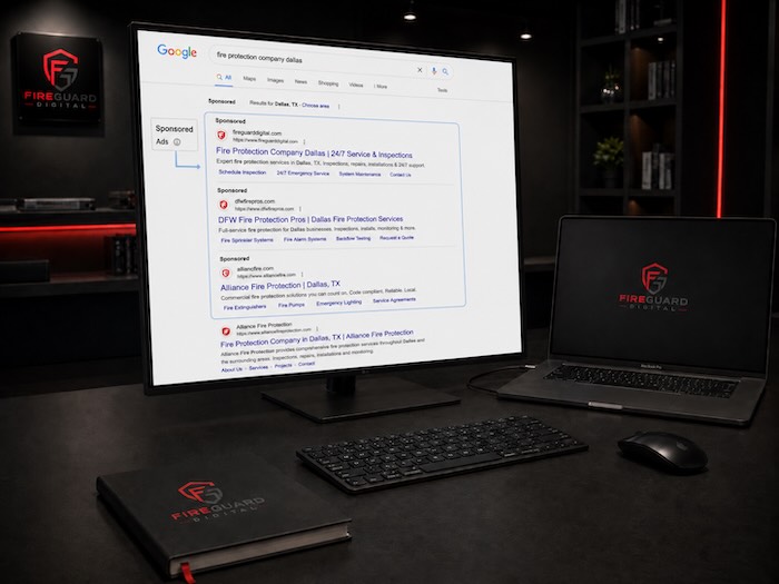 FireGuard Digital Google Ads workspace showing sponsored search results for a fire protection company