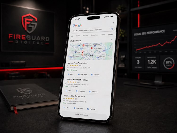 Smartphone showing Google local map results for a fire protection company in a FireGuard Digital studio workspace