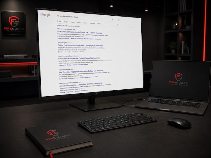 FireGuard Digital SEO workspace showing organic Google search results for fire sprinkler inspection services