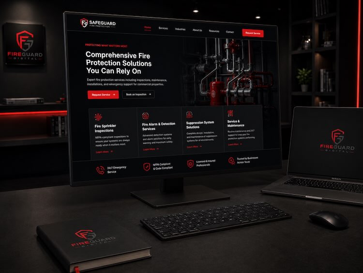 FireGuard Digital studio workspace showing a custom fire protection company website design on a desktop monitor